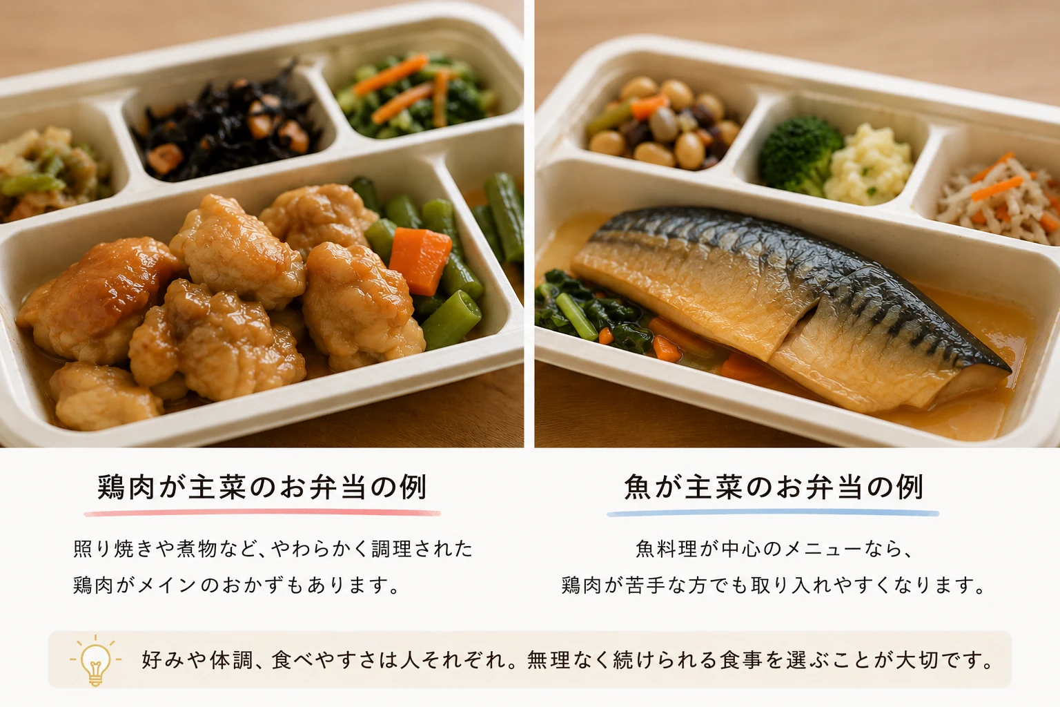 左は鶏肉が主菜のお弁当、右は魚(さば)が主菜のお弁当の例。やわらかく調理された鶏肉のおかずや、魚料理中心のメニューなら鶏肉が苦手な方でも取り入れやすい
