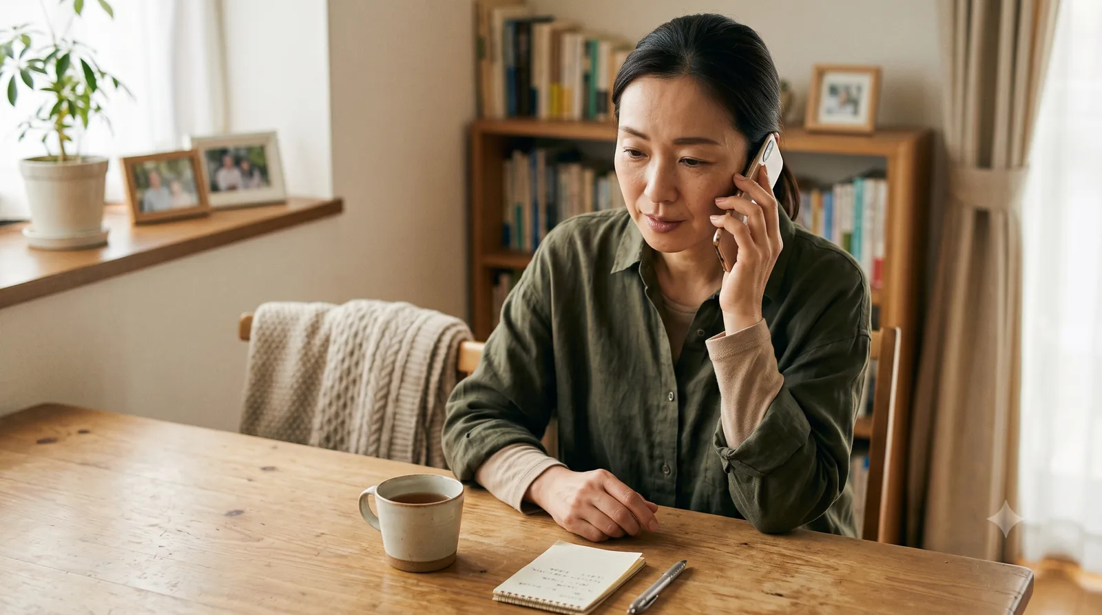 ダイニングテーブルで電話をしながらメモを取る中高年の女性。離れて暮らす親に食事の様子を聞いている場面