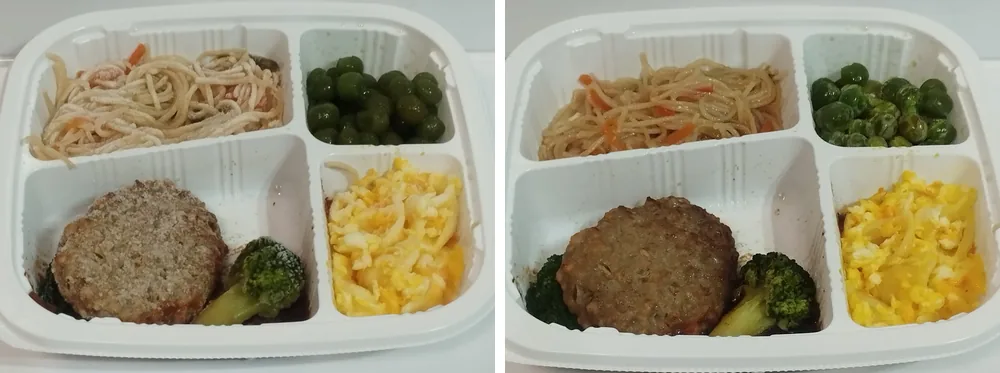 Dr.つるかめキッチンの弁当の温める前と温めた後を並べたところ。左は冷凍状態、右は加熱後